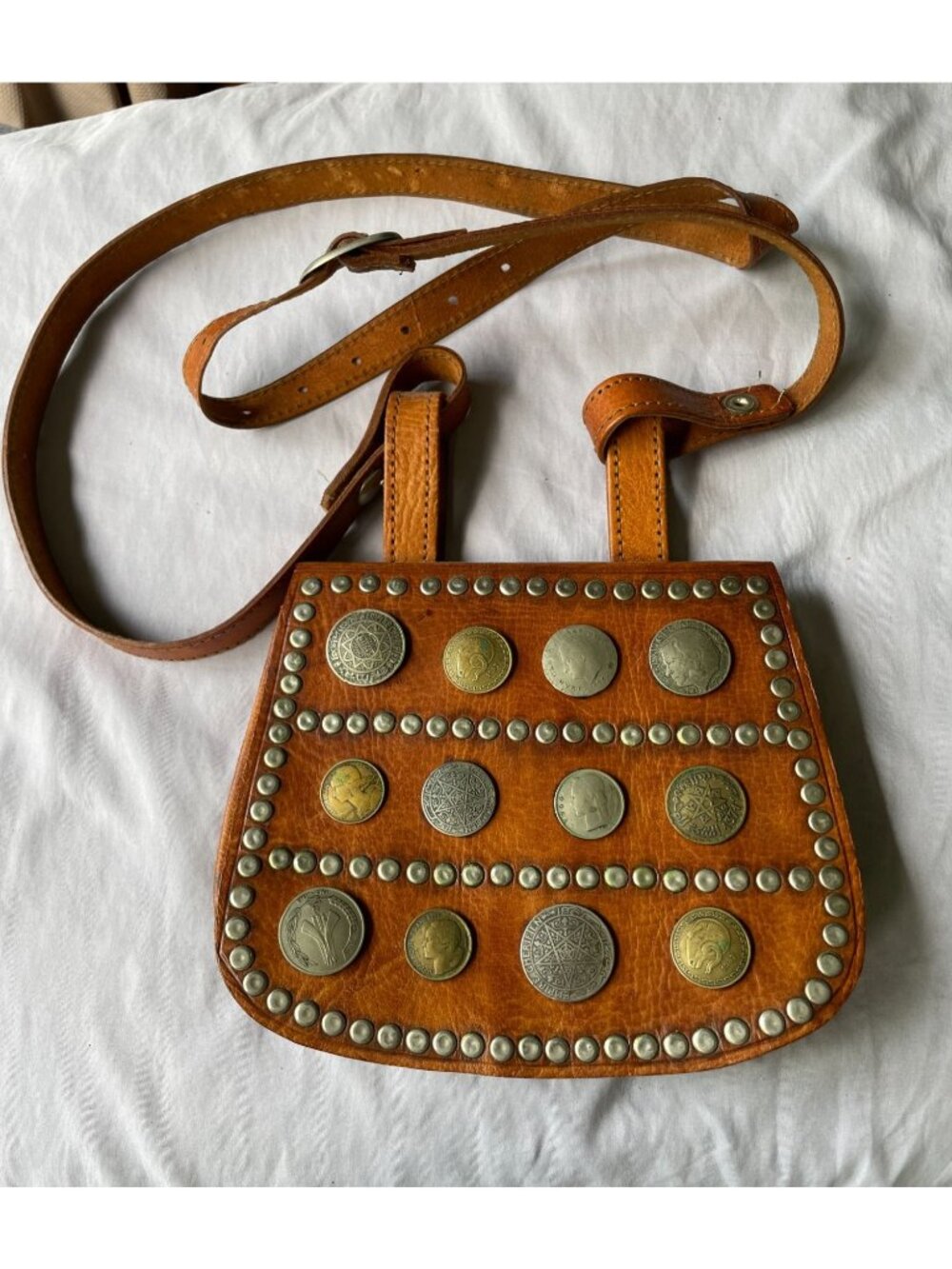 Vintage Moroccan Berber Leather Guerrab Bag Coin Studded Water Carrier 6x8 - Picture 3 of 14